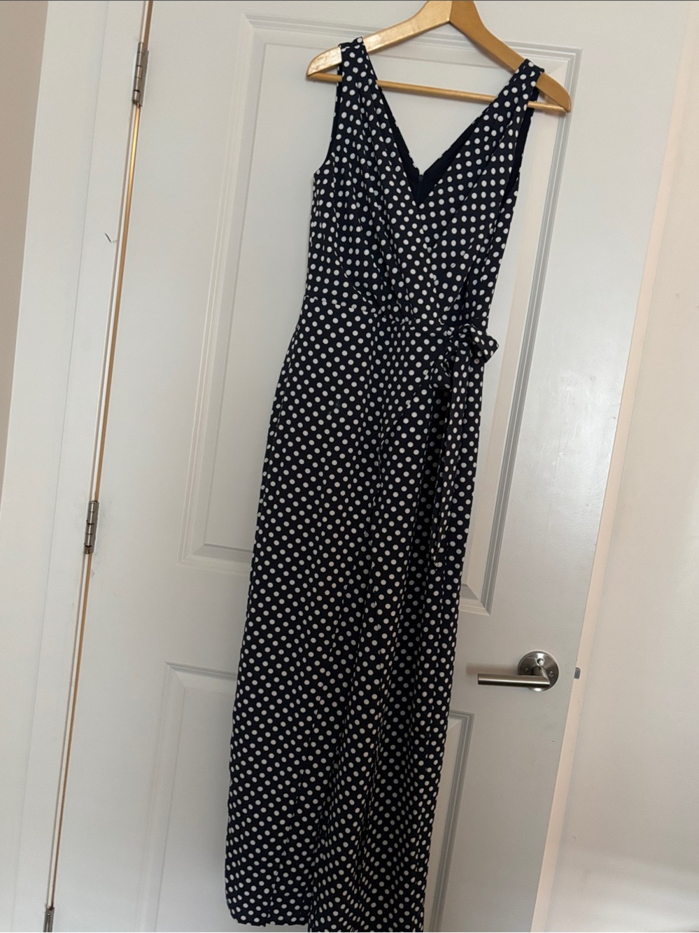 London Times Navy and White Polka Dot Wrap Jumpsuit